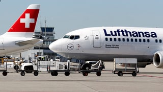 Vorderteil eines Lufthansa-Flugzeugs, links daneben das Heck einer Swiss-Machine