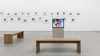 Ein Fernseher mit Äpfeln drauf im Museum.