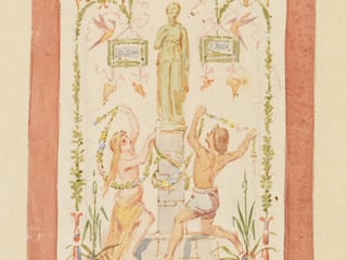 Gemälde: Androgynes Paar huldigt Urania (Statue auf Sockel), darüber zwei Vögel. 