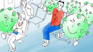 Illustration von drei Personen unterschiedlichen Alters, die ängstlich im Tram sitzen, umgeben von überdimensionierten und grimmig dreinblickenden Coronaviren. Illustration von drei Personen unterschiedlichen Alters, die ängstlich im Tram sitzen, umgeben von überdimensionierten und grimmig dreinblickenden Coronaviren.