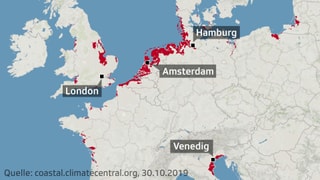 Karte Westeuropas mit eingefärbten Regionen, die 2050 besonders betroffen sind. Karte Westeuropas mit eingefärbten Regionen, die 2050 besonders betroffen sind.