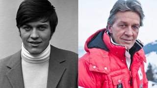 Zwei Aufnahmen von Bernhard Russi nebeneinandergestellt: Das linke Bild zeigt ein schwarzweiss Porträt des jungen Bernhard Russi. Das linke Bild zeigt Russi heute, in roter Ski-Jacke und mit grauen Haaren.