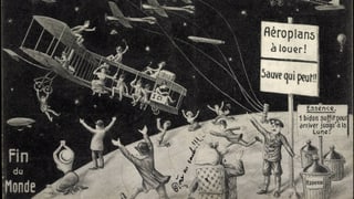 Zeichnung von 1910, die zeigt, wie Menschen versuchen, per Flugzeug dem Kometen zu entfliehen