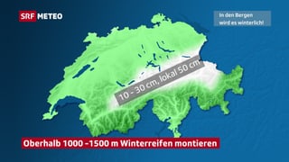 Schweizer Karte mit weiser Einfärbung am Alpennordhang. Hier gibt es 10 bis 30, lokal 50 cm Neuschnee.