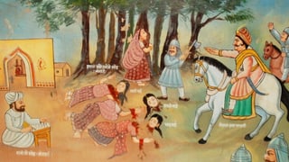 Zeichnung einer Szene mit Toten auf dem Boden sowie einem König auf einem weissen Pferd.