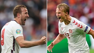 Englands Torgarant Harry Kane und Dänemarks Kasper Dolberg Englands Torgarant Harry Kane und Dänemarks Kasper Dolberg