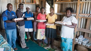 Mitglieder der frisch gegründeten Eierkooperative von Nguna zeigen stolz die ersten Eier. 