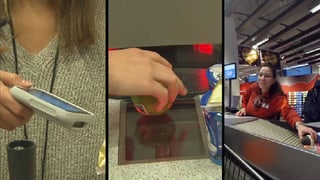 Drei Bilder mit Subito-Lesegerät, Self-Scanner und Kassierin. Drei Bilder mit Subito-Lesegerät, Self-Scanner und Kassierin.