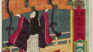 Eine Darstellung von Sei Shonagon, wie sie den Schnee beobachtet.
