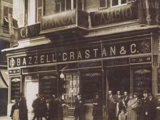 Antikes Bild einer Strassenszene in Genua mit Konditorei Antikes Bild einer Strassenszene in Genua mit Konditorei