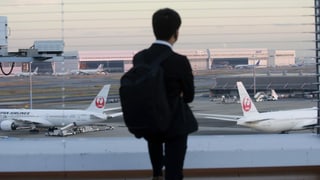 Ein Passagier blickt auf geparkte Flugzeuge am Flughafen.