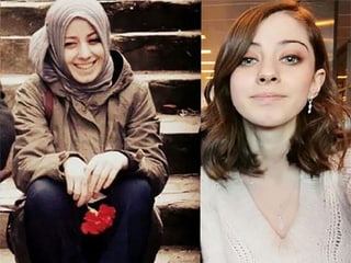 Zwei Porträts einer jungen Frau: links mit Kopftuch, rechts ohne.