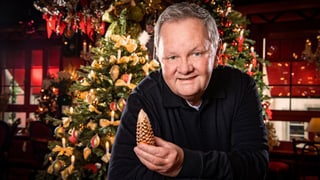 Der Moderator steht vor einem reich geschmückten Weihnachtsbaum und hält einen goldenen Tannzapfen in der Hand.
