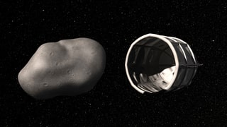 Computerillustration: Raumschiff neben einem Asteroiden