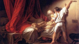 Barocke Szene: Mann hält Frau in einem Arm. Mit der freien Hand schliesst er die Zimmertüre.