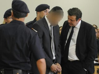 Der Angeklagte Schweizer Graffiti-Sprayer «Puber» am Mittwoch, 23. Juli 2014, vor Prozessbeginn am Straflandesgericht in Wien