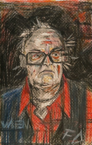 Zeichnung eines Mannes der mürrisch schaut eine schwarze Brille, rotes Hemd und schwarzer Weste trägt.