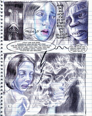 Ausschnitt aus einer Graphic Novel: auf einer Notizheftseite sind blau-schwarze Gesichter gemalt. Ausschnitt aus einer Graphic Novel: auf einer Notizheftseite sind blau-schwarze Gesichter gemalt.