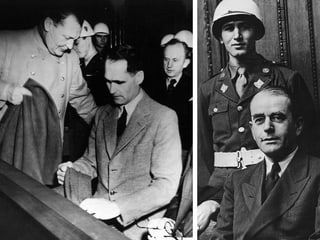 Schwarz-weiss Fotos von einigen Hauptangeklagten der Nürnberger Prozesse im Gerichtssaal