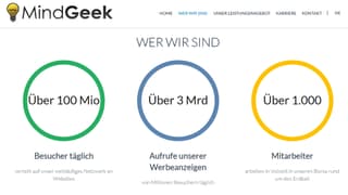 Screenshot der Mindgeek-site mit drei Kreisen mit Zahlen drin: 100 Mio. Besucher täglich, über 3. Mia. Aufrufe unserer Werbeanzeigen, über 1000 Mitarbeiter. Screenshot der Mindgeek-site mit drei Kreisen mit Zahlen drin: 100 Mio. Besucher täglich, über 3. Mia. Aufrufe unserer Werbeanzeigen, über 1000 Mitarbeiter.