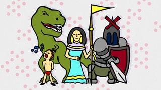 Illustration: Ein Dinosaurier, eine Prinzessin, ein Ritter und ein singender Knabe.