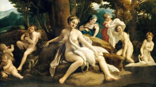 Ölgemälde: Nackte Frauen. Ein Schwan sitzt im Zentrum auf dem Schoss einer Frau.