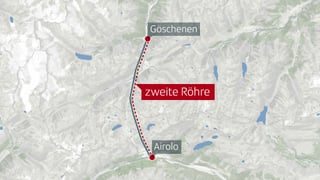 Karte, die Verlauf der zweiten Röhre des Gotthard-Strassentunnels von Göschenen nach Airolo zeigt.