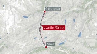 Karte, die Verlauf der zweiten Röhre des Gotthard-Strassentunnels von Göschenen nach Airolo zeigt. Karte, die Verlauf der zweiten Röhre des Gotthard-Strassentunnels von Göschenen nach Airolo zeigt.