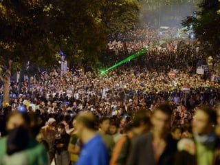 Tausende Demonstranten in einer Allee.