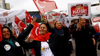 Frauen und Männer mit Schildern und türkischen Fahnen.