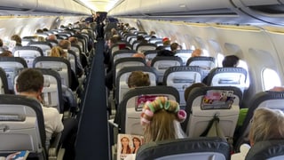 Symbolbild: Aufnahme der Flugzeugpassagiere von hinten nach vorn in einem Flugzeug.