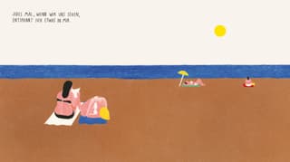 Illustration: Zwei Frauen liegen am Strand, darüber steht: "Jedes Mal, wenn ich die sehe, etspannt sich etwas in mir.