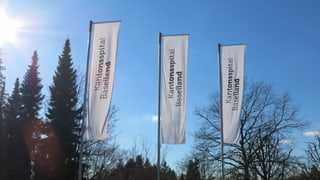 Drei Fahren mit der Aufschrift "kantonsspital Baselland" wehen im Wind.