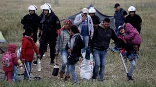 Griechische Polizisten beobachten syrische Flüchtlinge, die das Camp in Idomeni verlassen. Griechische Polizisten beobachten syrische Flüchtlinge, die das Camp in Idomeni verlassen.