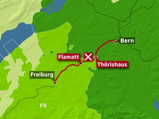 Karte mit dem SBB-Unterbruch zwischen Flamatt und Thörishaus