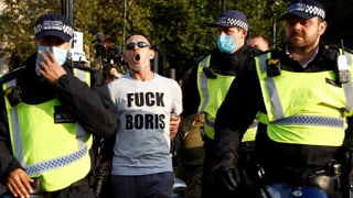 zu sehen ein Demonstrant und Polizisten in London.