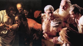 Auf einem Gemälde fasst ein Mann einem anderen mit einem Finger in eine Wunde am Oberkörper. Daneben auf einem Foto die gleiche Szenerie mit Schauspielern