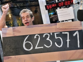 Volker von Oropax hält das Schild mit dem Spendenzwischenstand 