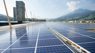 Man sieht eine Menge Solarpanels auf dem Dach des Fussballstadions in Luzern