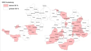 Karte mit den Gemeinden, zum Teil rot eingefärbt Karte mit den Gemeinden, zum Teil rot eingefärbt