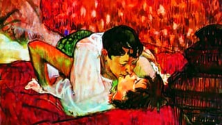 Ölgemälde: Zwei Frauen liegen im Bett und küssen sich.