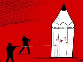 Comic: Zwei Vermummte schiessen auf einen grossen Bleistift, auf dem «Charlie Hebdo» steht. Der Hintergrund ist blutrot. 