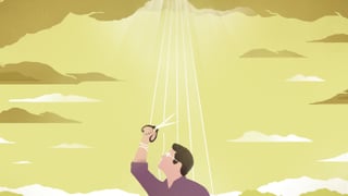 Ullustration einer Menschen, der mit einer Schere Sonnenstrahlen aus dem Himmel abschneidet