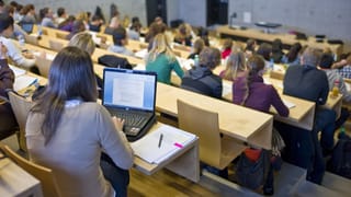 Hörsaal, Studenten in Bänken sitzend. Aufnahme von hinten. Hörsaal, Studenten in Bänken sitzend. Aufnahme von hinten.