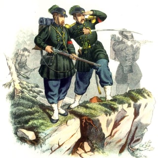 Gemälde von zwei Männern in Uniform. Einer hält ein Gewehr, der andere einen Säbel. Beide Spähen über einen Fels hinaus.