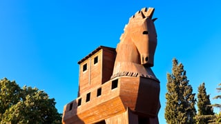 Ein überdimensional grosses Pferd aus Holz steht vor blauem Himmel. Im Pferdekörper sind Fenster zu sehen. 