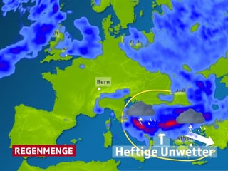Auf der Europakarte  ist in farbigen Flächen der zu erwatende Regen dargestellt.