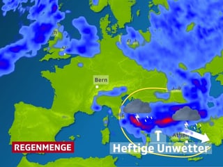 Auf der Europakarte ist in farbigen Flächen der zu erwatende Regen dargestellt. Auf der Europakarte ist in farbigen Flächen der zu erwatende Regen dargestellt.