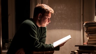 ein junger Mann liest ein Buch neben einem Buchstapel