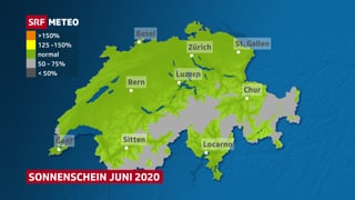 Schweizer Karte mit der Sonnenscheindauer im Juni 2020.